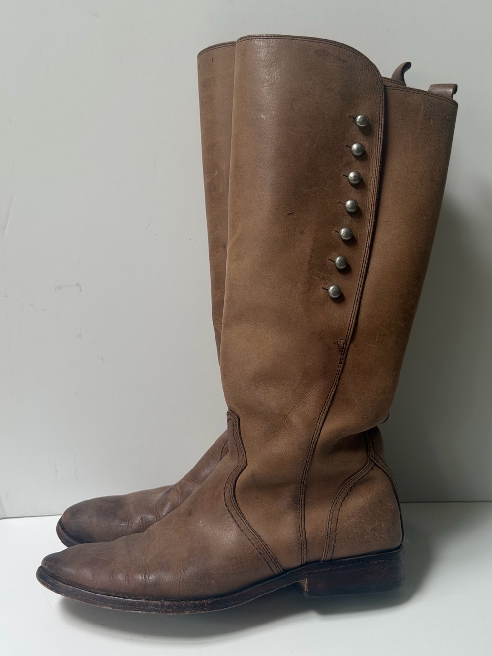 Lucchese Brown Leather Knee-High Heeled Boots with Button Detail